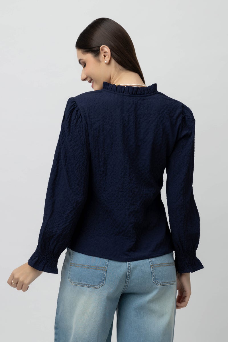 7OUNCE Women's Blue V-Neck Top with Ruffle Detail - Image 5